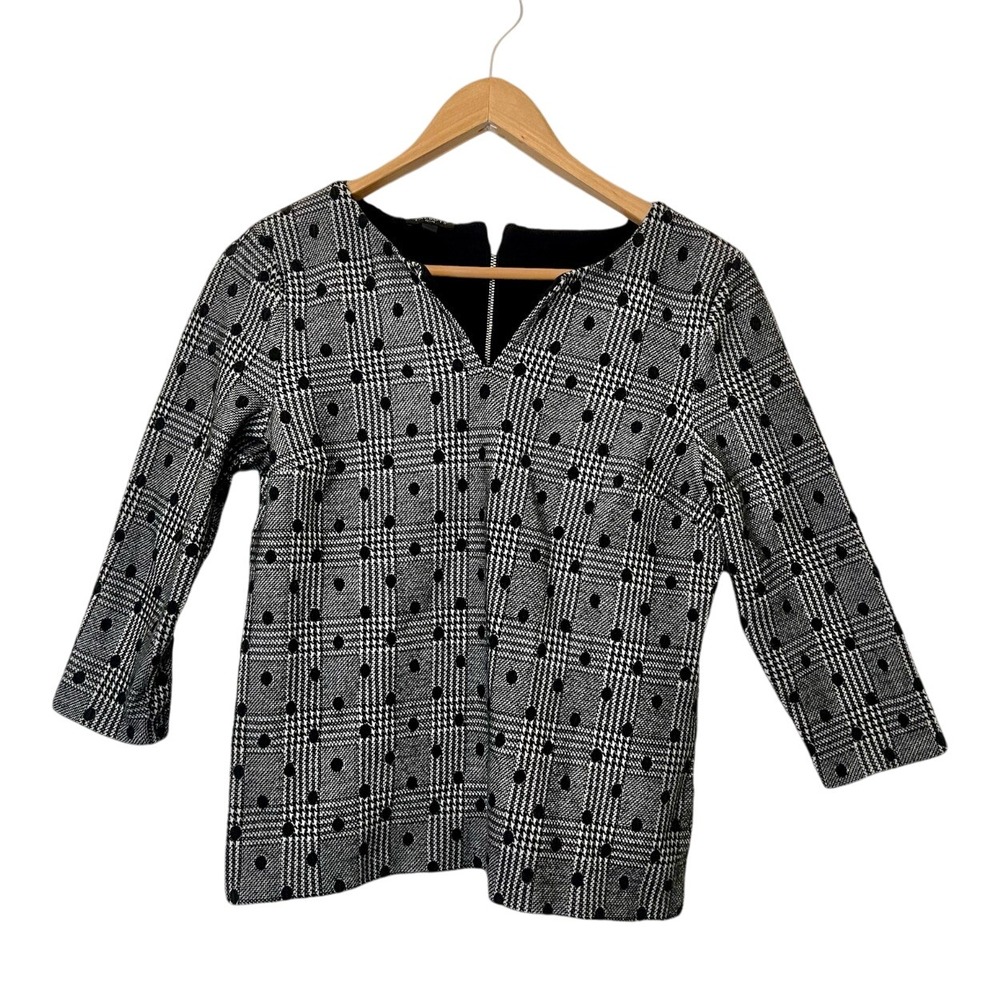 Talbots Plaid Polka Dot 3/4‎ Sleeve Top V-Neck Blouse Chic Designer Workwear